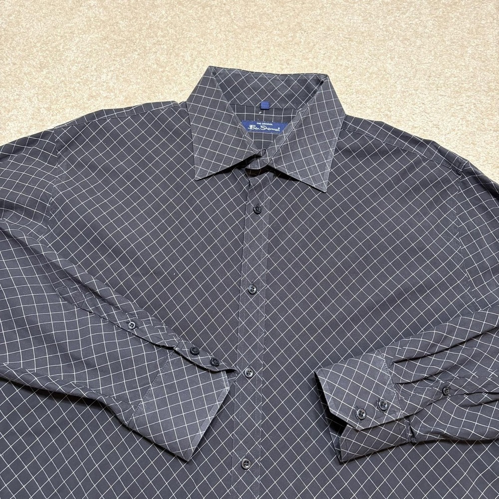 Ben Sherman Shirt Mens 2XL Gray Check Dress Long Sleeve Button Up Casual Formal